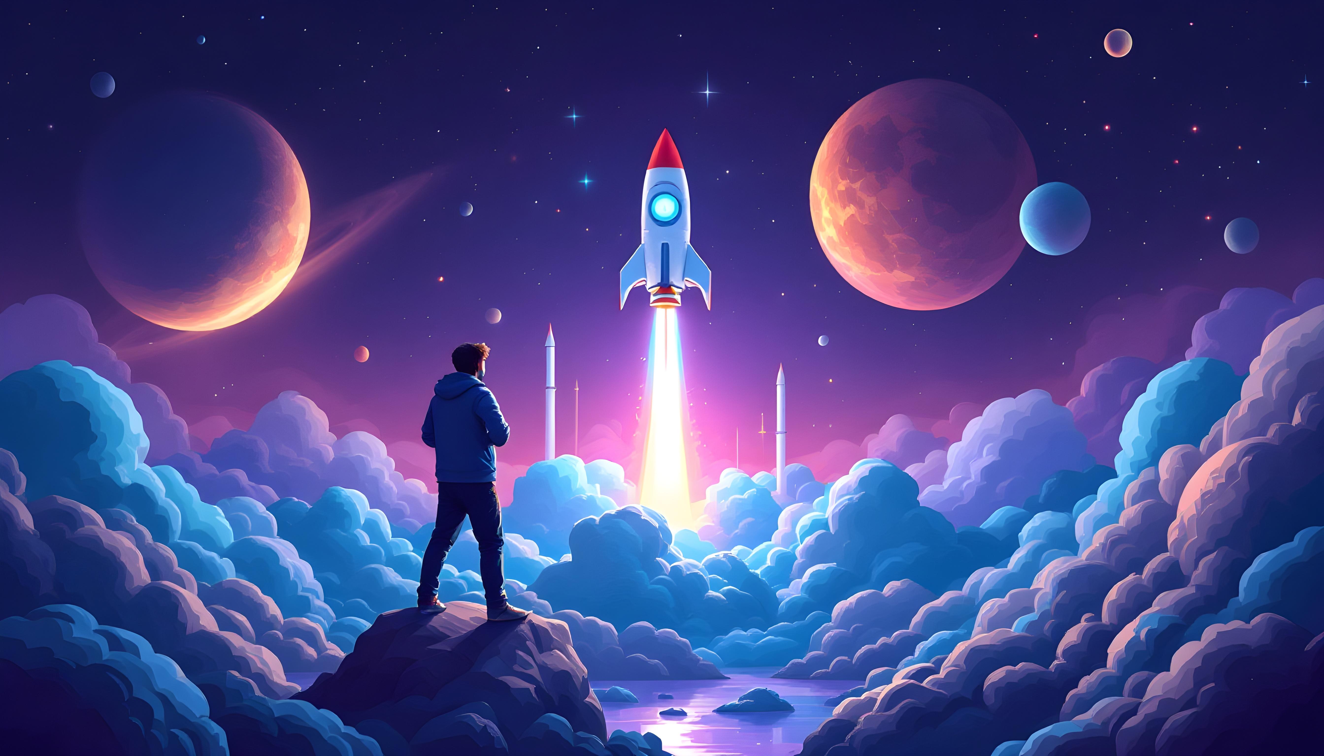 Ilustración digital de un programador despegando en un cohete de código hacia el éxito.