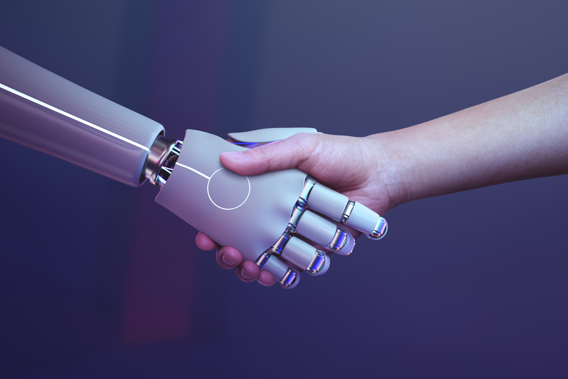 Estrecho de manos digital entre un robot y un humano sobre un fondo futurista de la era digital.